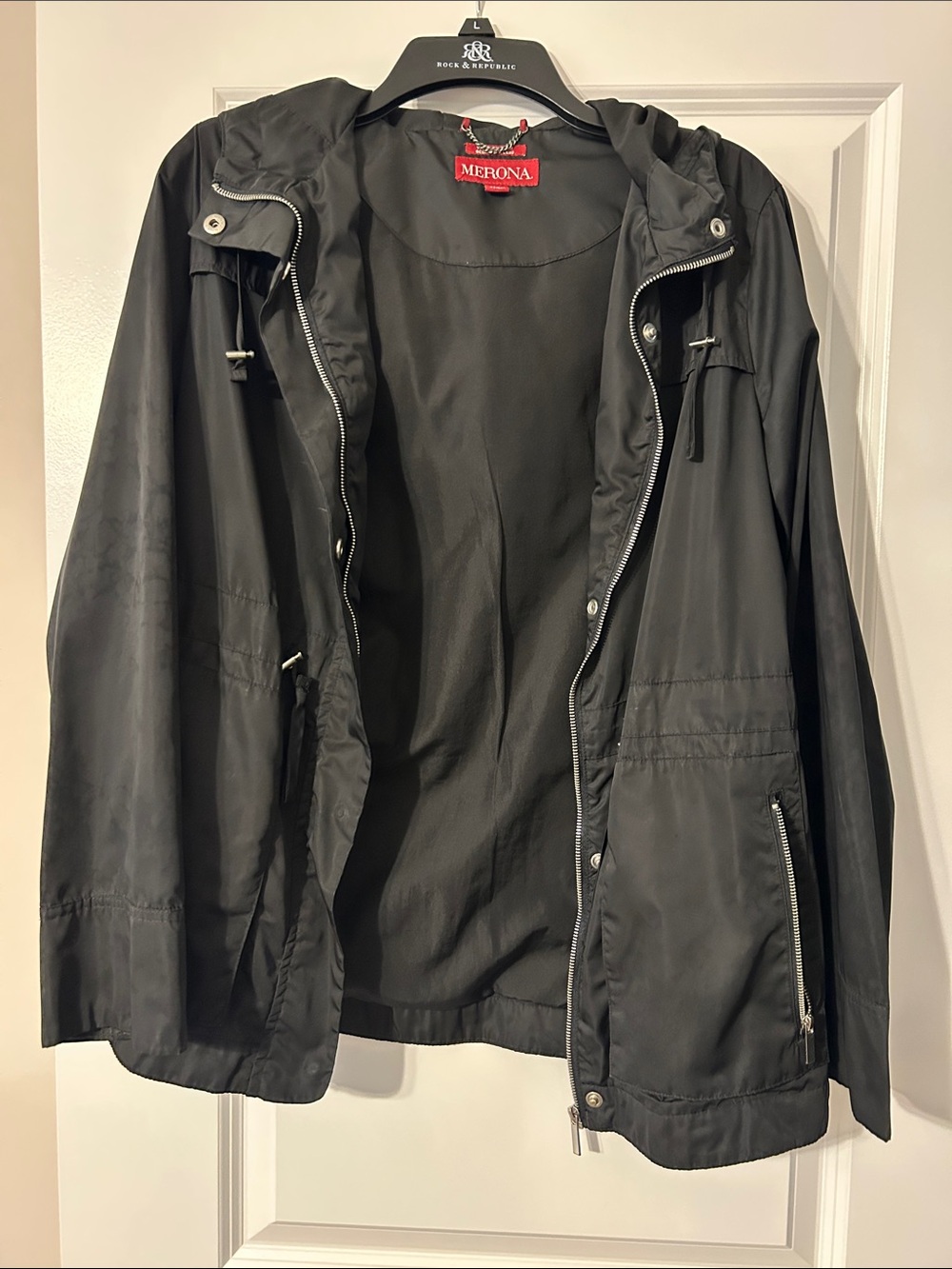 Merona Women's Black Hooded Raincoat with Zip & Snap Front